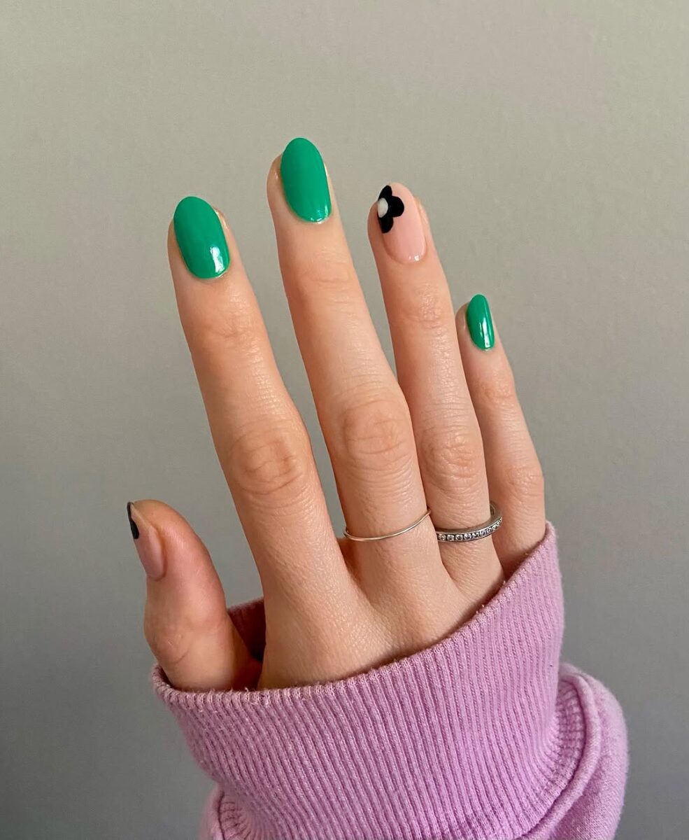 Vibrant Green with Chic Floral Accent Nails