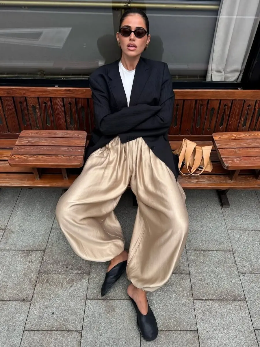 Chic ensemble featuring palazzo pants and blazer