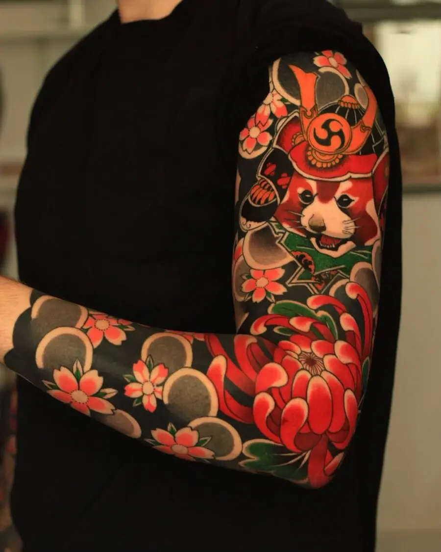 Vibrant Panda Tattoo with Floral Elements