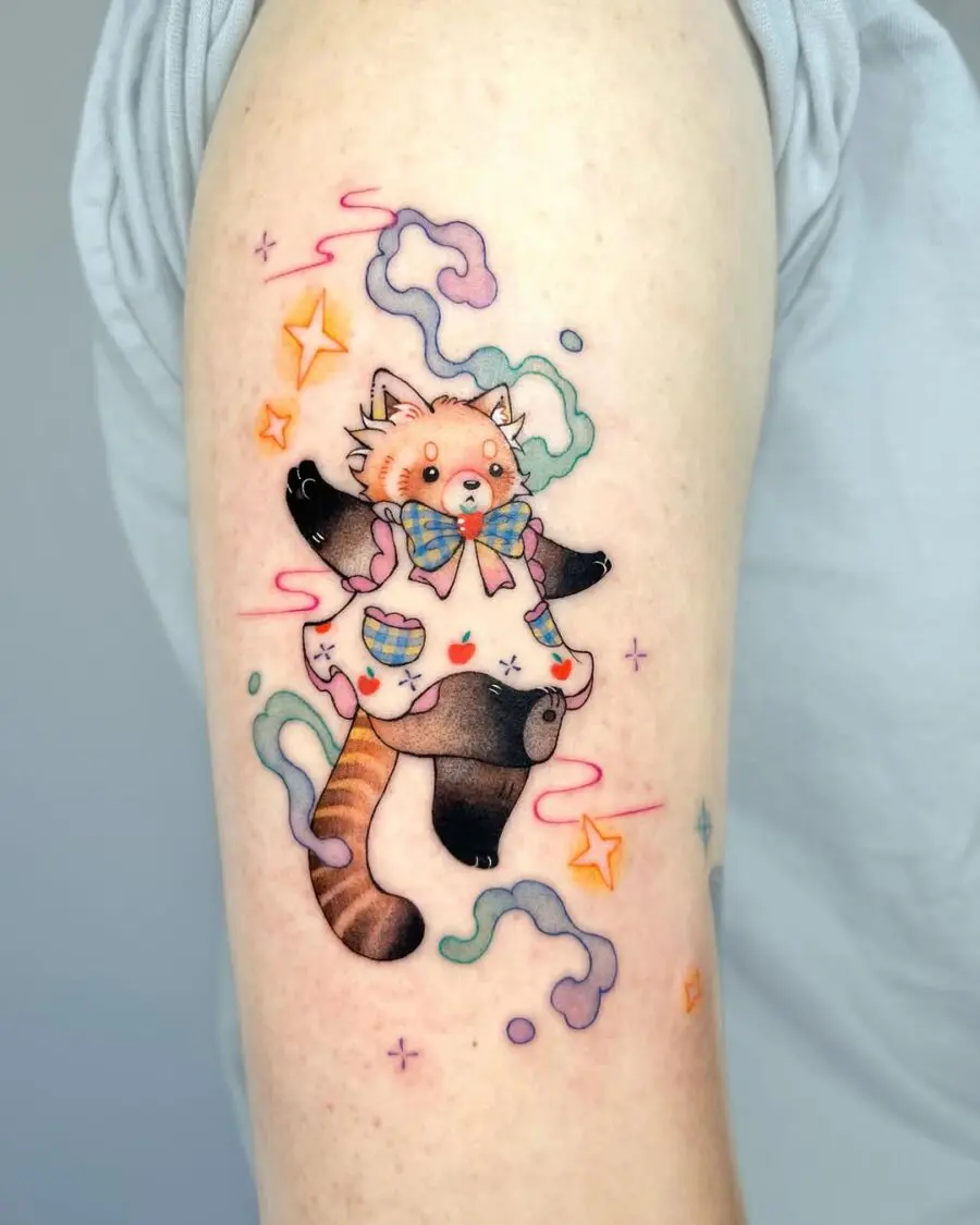 Playful red panda tattoo in vibrant colors