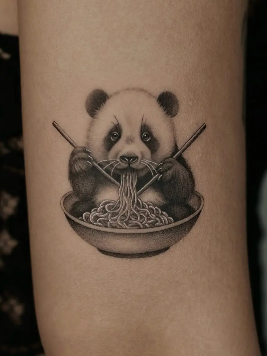 Adorable panda enjoying a noodle bowl tattoo