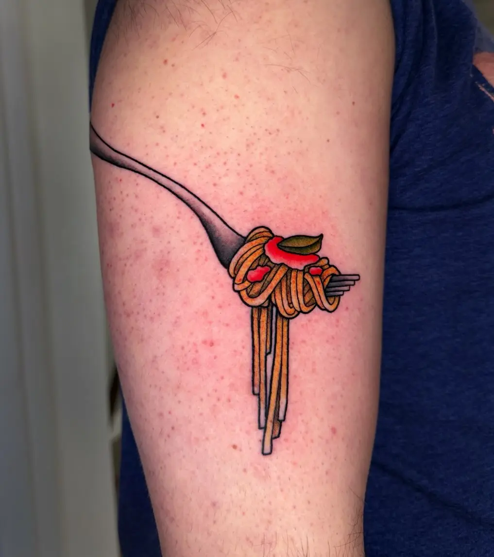 Whimsical spaghetti on a fork tattoo design