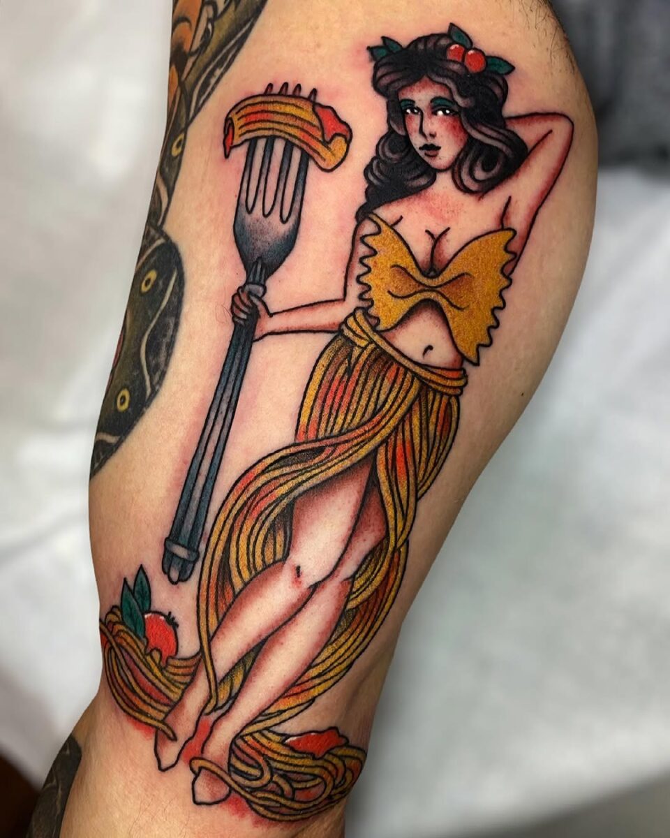 Whimsical Pasta-Themed Tattoo Design with a Fork