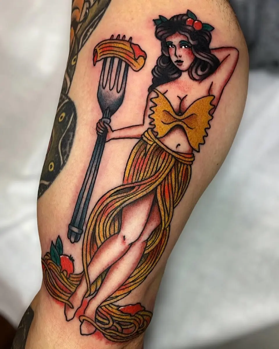 Whimsical Pasta-Themed Tattoo Design with a Fork