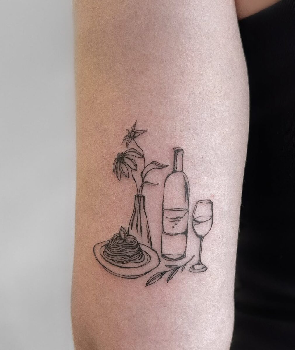 Chic pasta and wine tattoo art