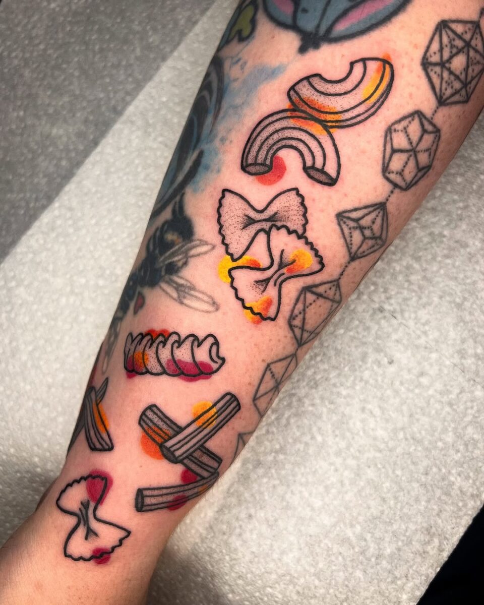 Whimsical Rainbow Pasta Tattoos on Display