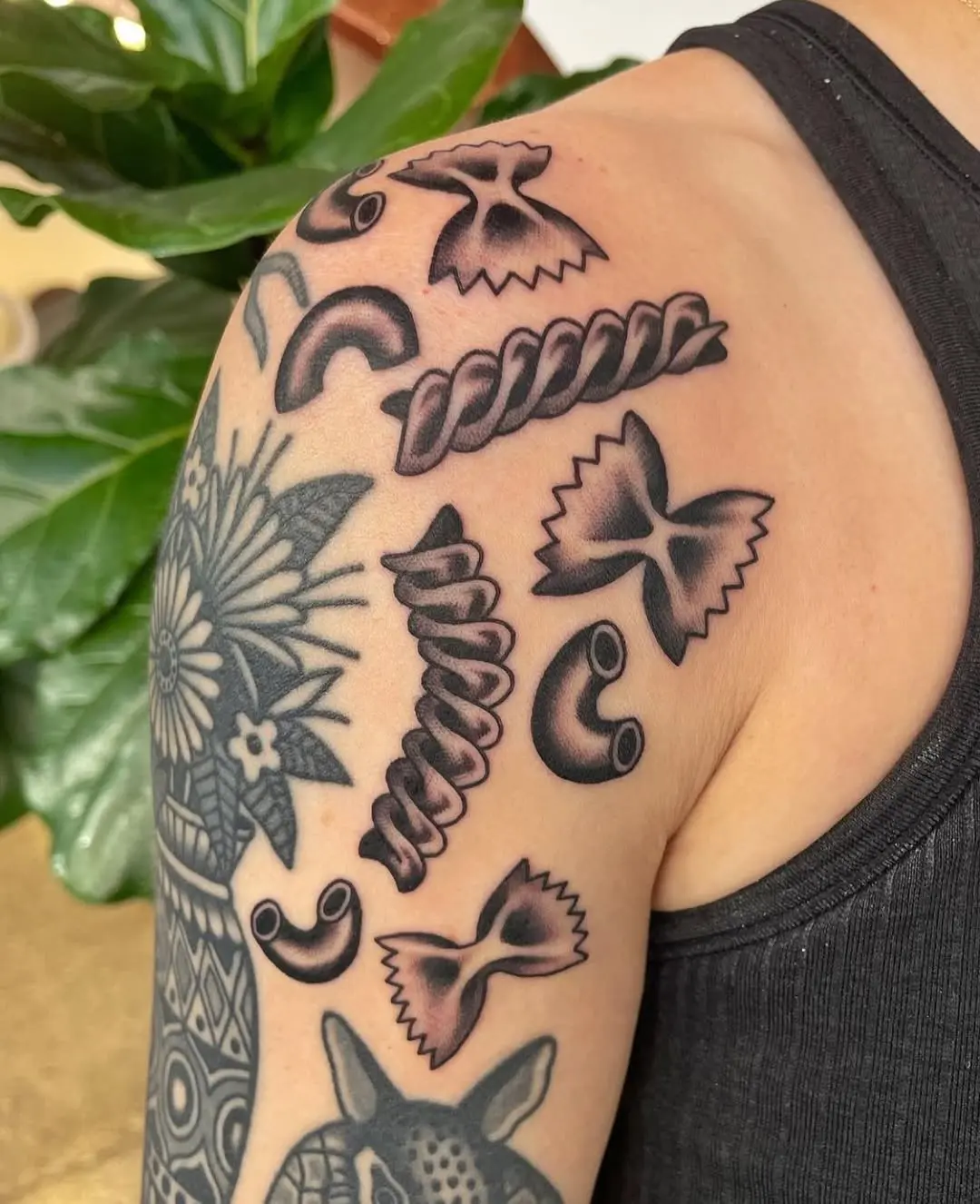 Unique pasta tattoo designs on shoulder