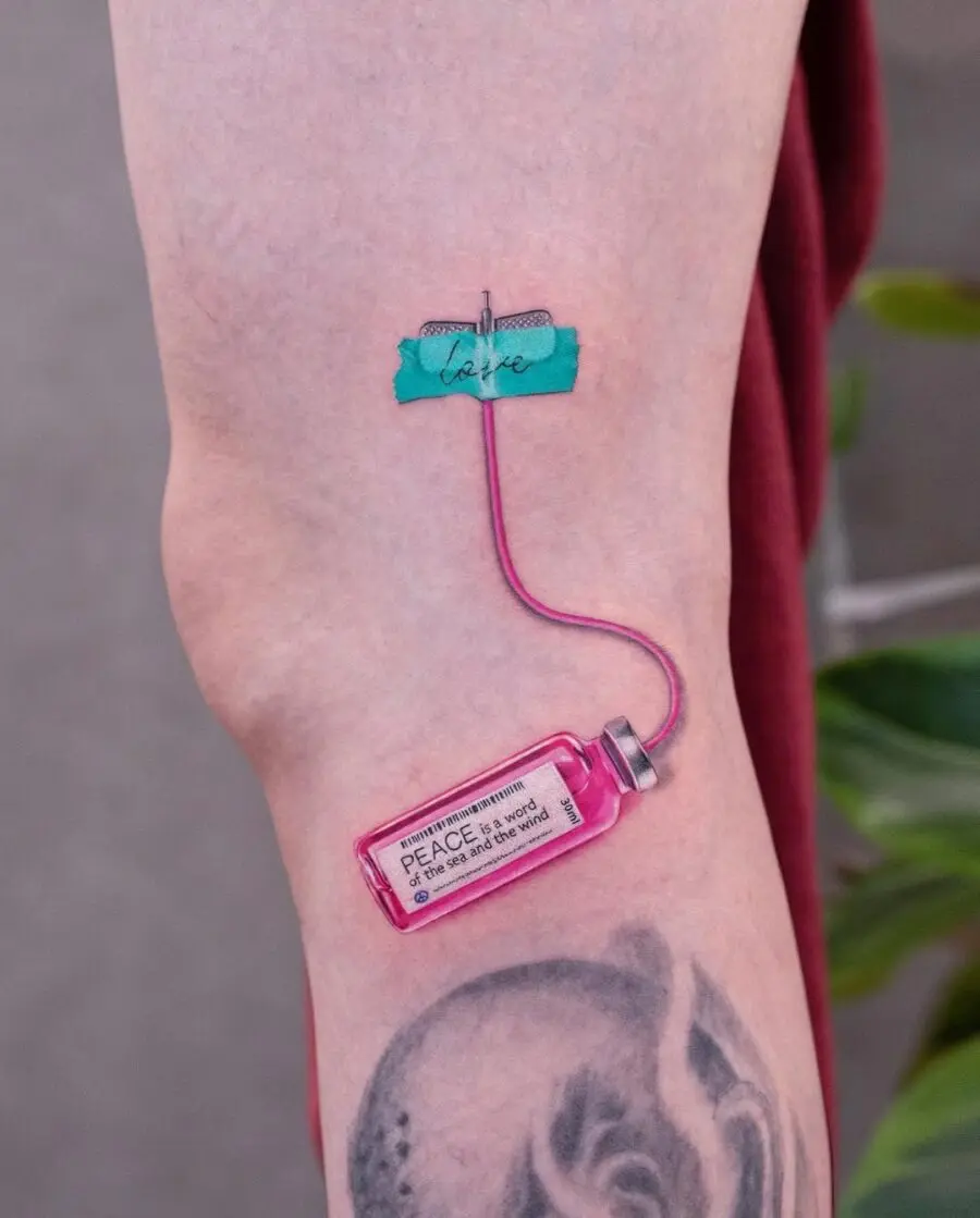 A unique peace-themed syringe tattoo design