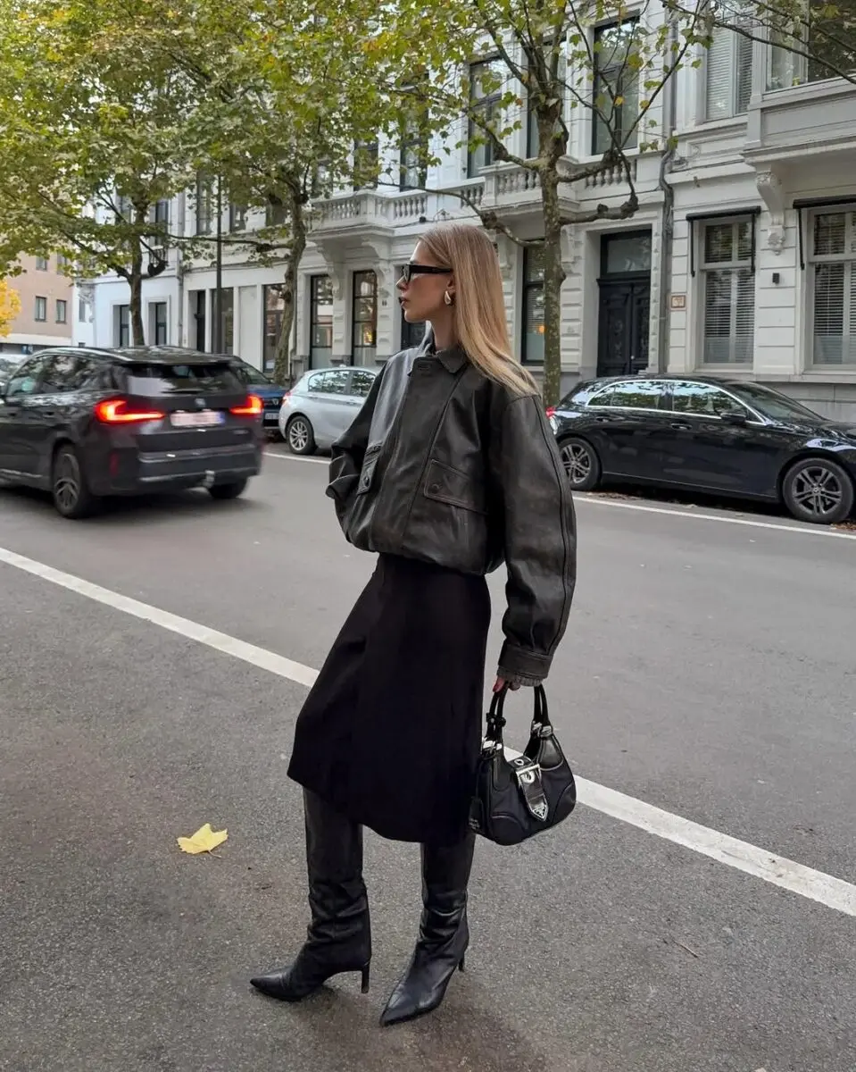 Chic Pencil Skirt with Leather Jacket Ensemble