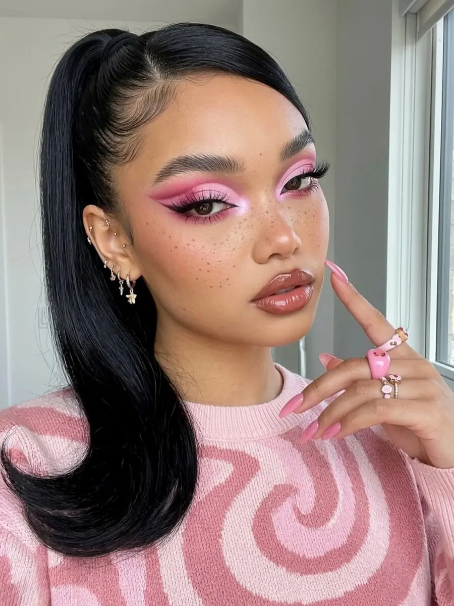 Bold pink eyeshadow with soft glam finish