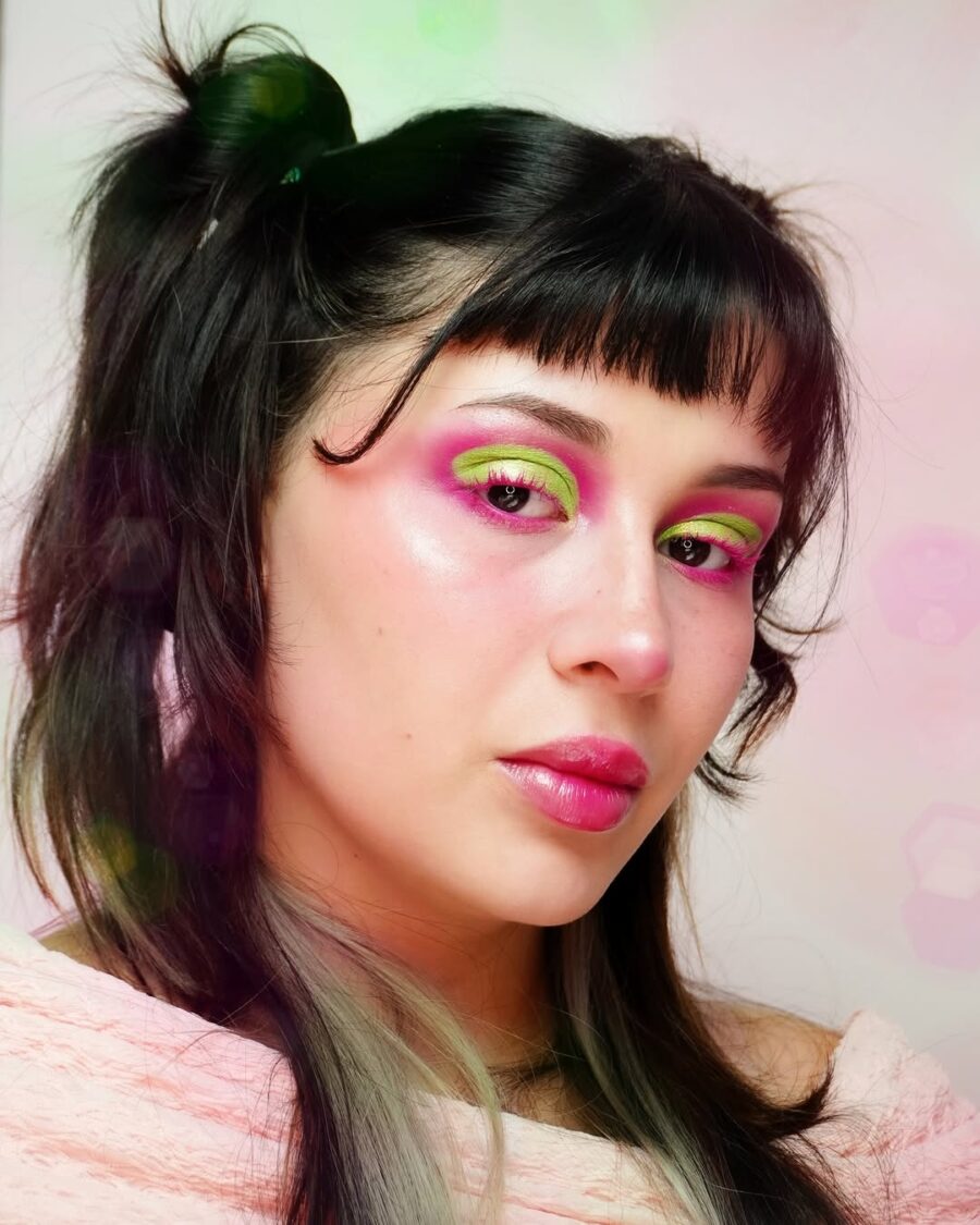 Bold neon pink and green eye statement