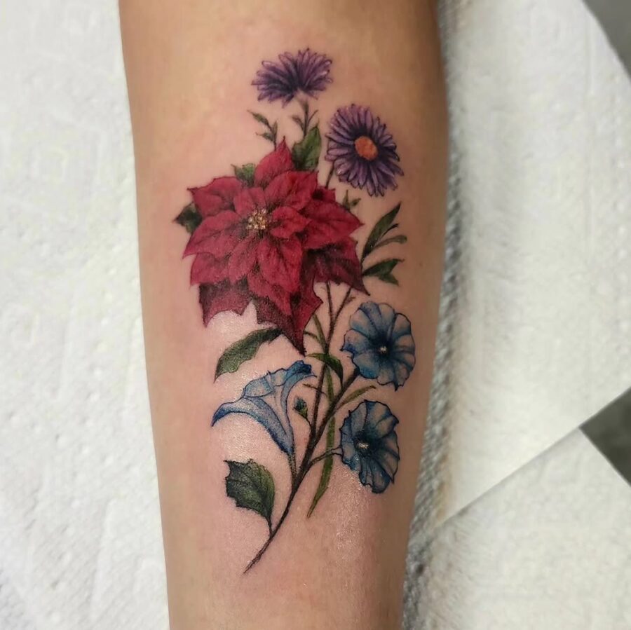 Vibrant Poinsettia and Floral Tattoo Design