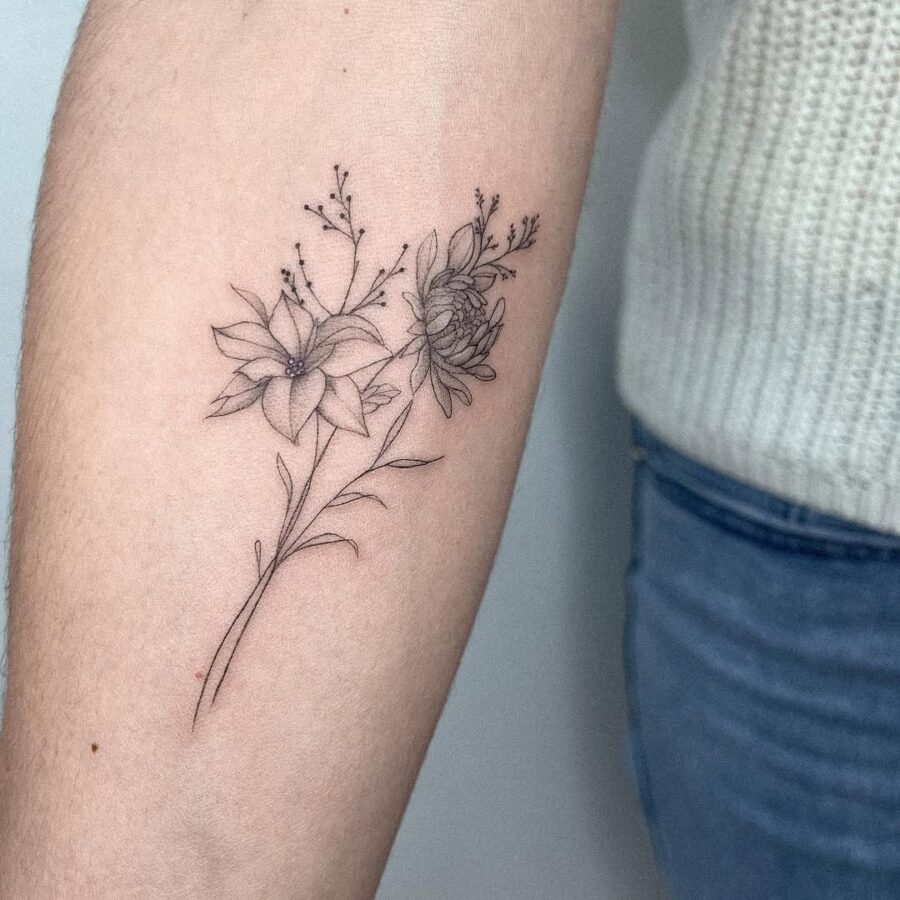Elegant Black Line Art Poinsettia Tattoo
