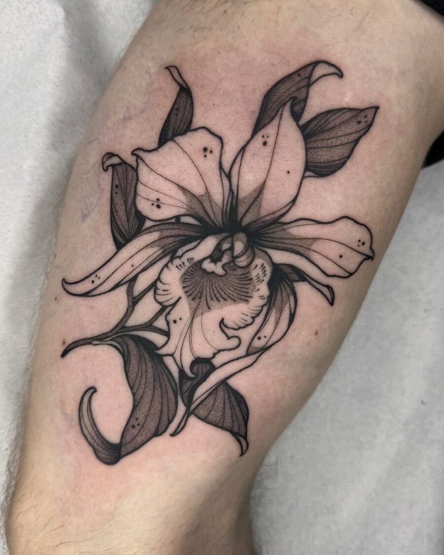 Stunning black ink poinsettia tattoo design