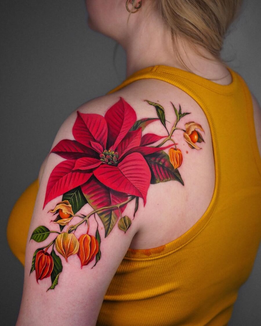 Stunning Poinsettia Tattoo on Shoulder