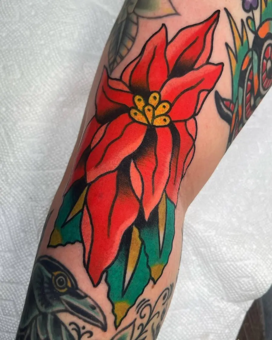 A striking red poinsettia tattoo on display