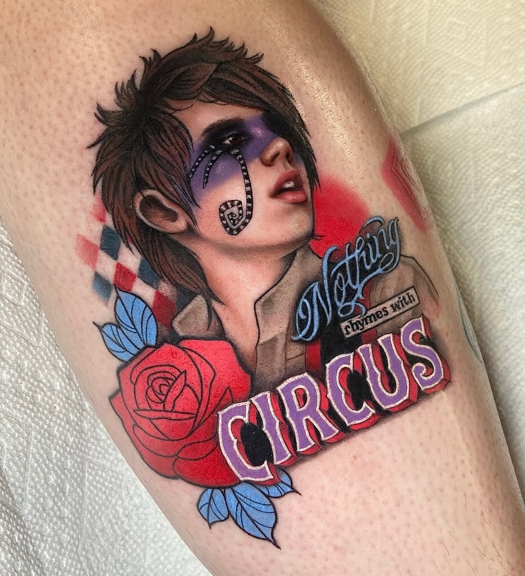 Bold circus-themed portrait tattoo design
