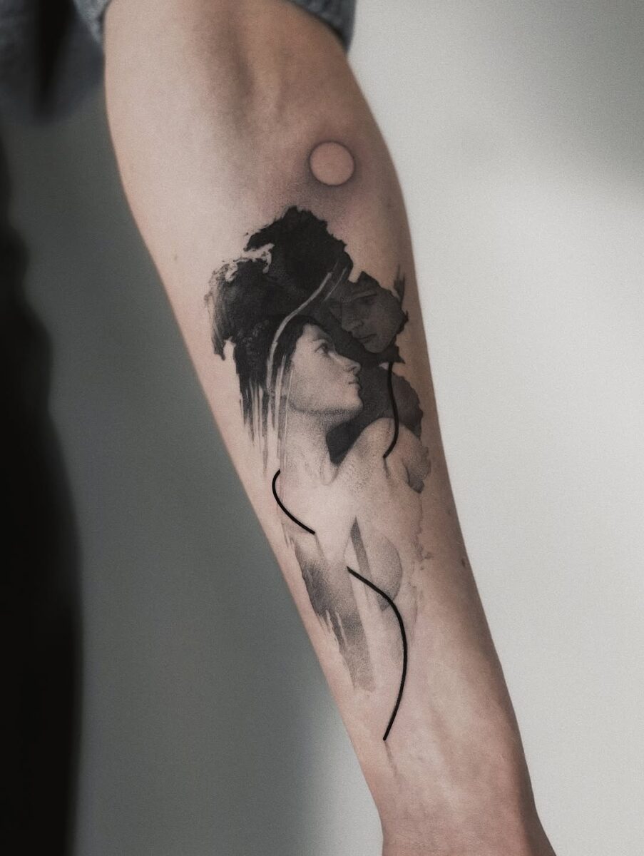 Stunning sketch-style arm portrait tattoo