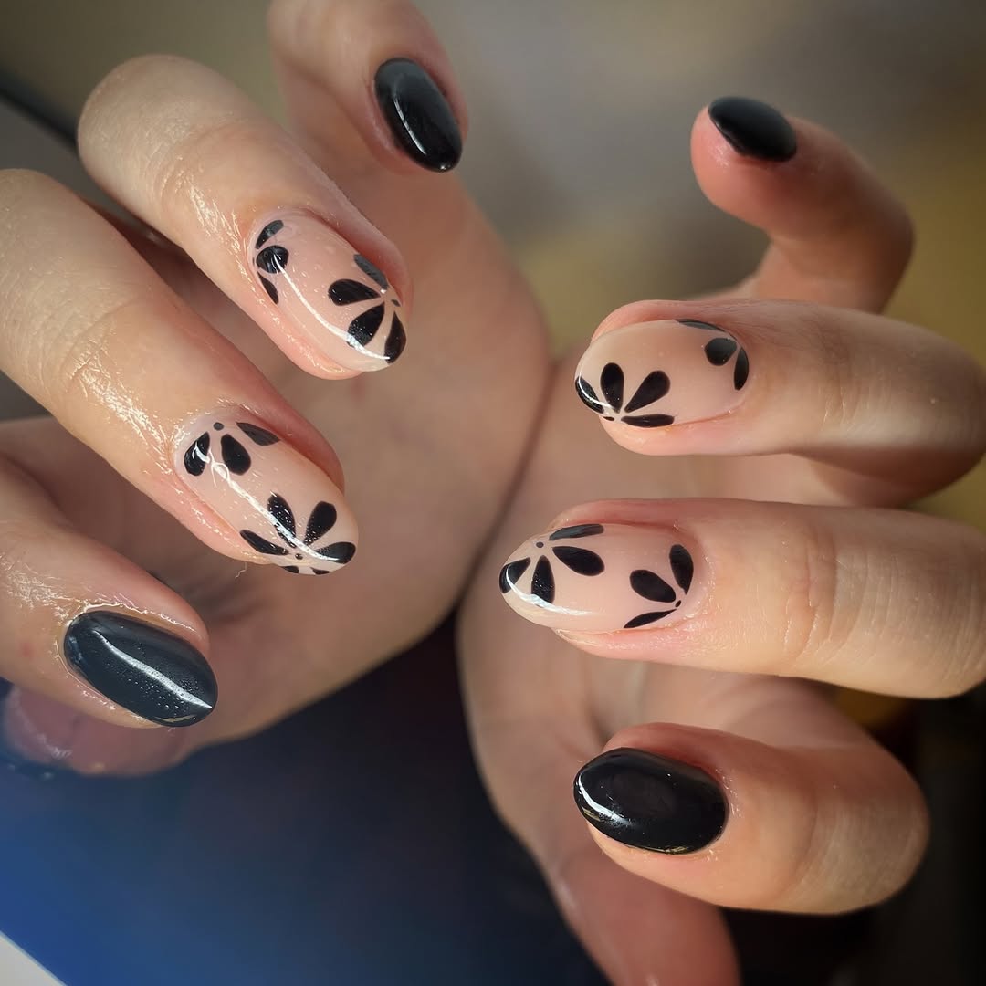 Chic Black Floral Design for Prom Nails