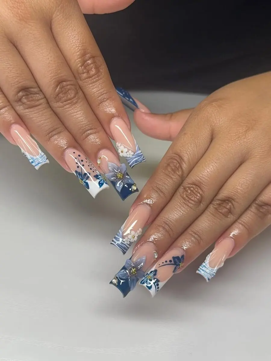 Elegant Blue Floral Prom Nail Design