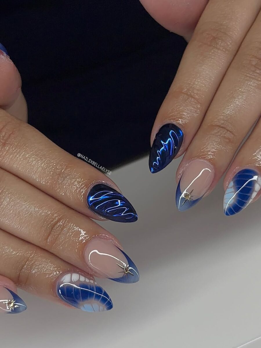 Elegant blue and white prom nail art design