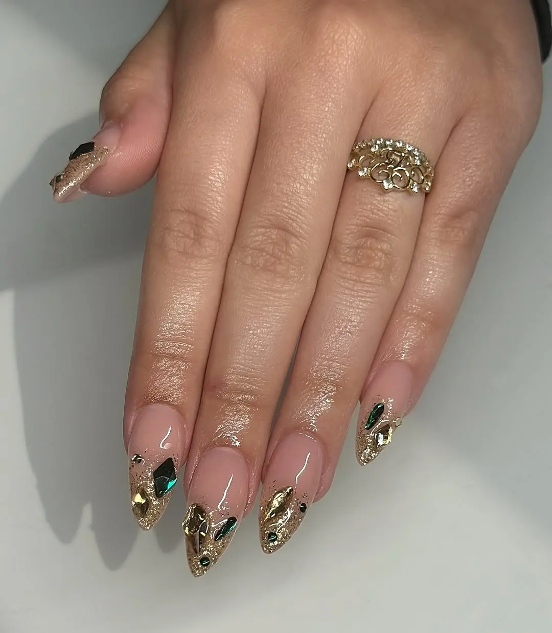 Glamorous Gold and Green Prom Nail Design