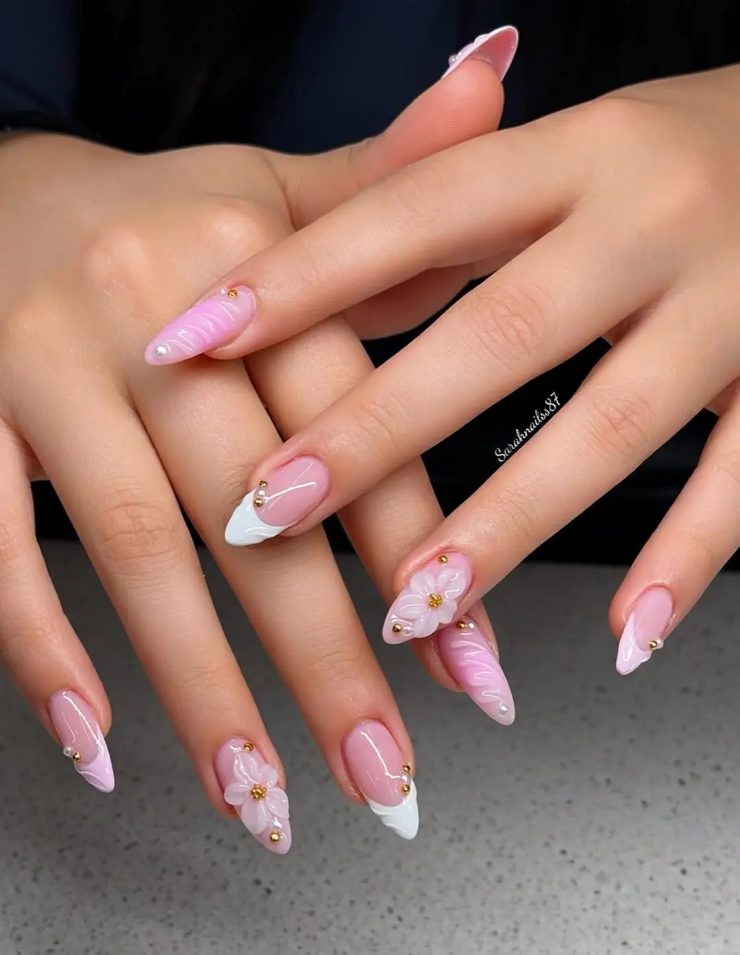 Elegant pink floral design for prom nails