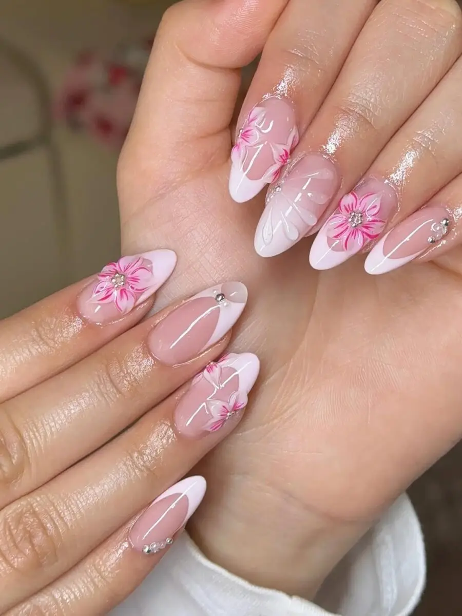 Elegant pink floral prom nail design inspiration