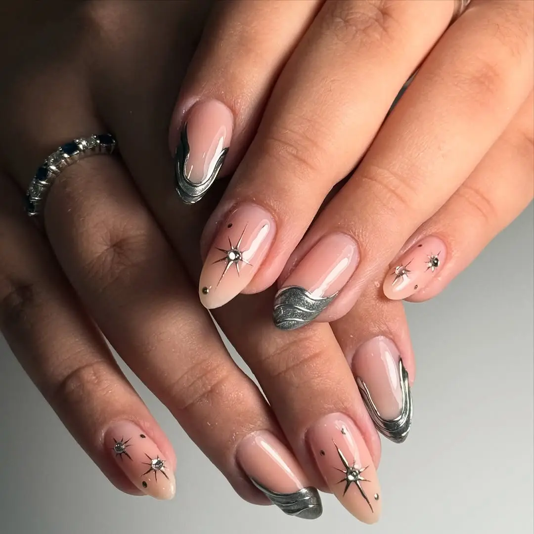 Glamorous silver and star-studded prom nails