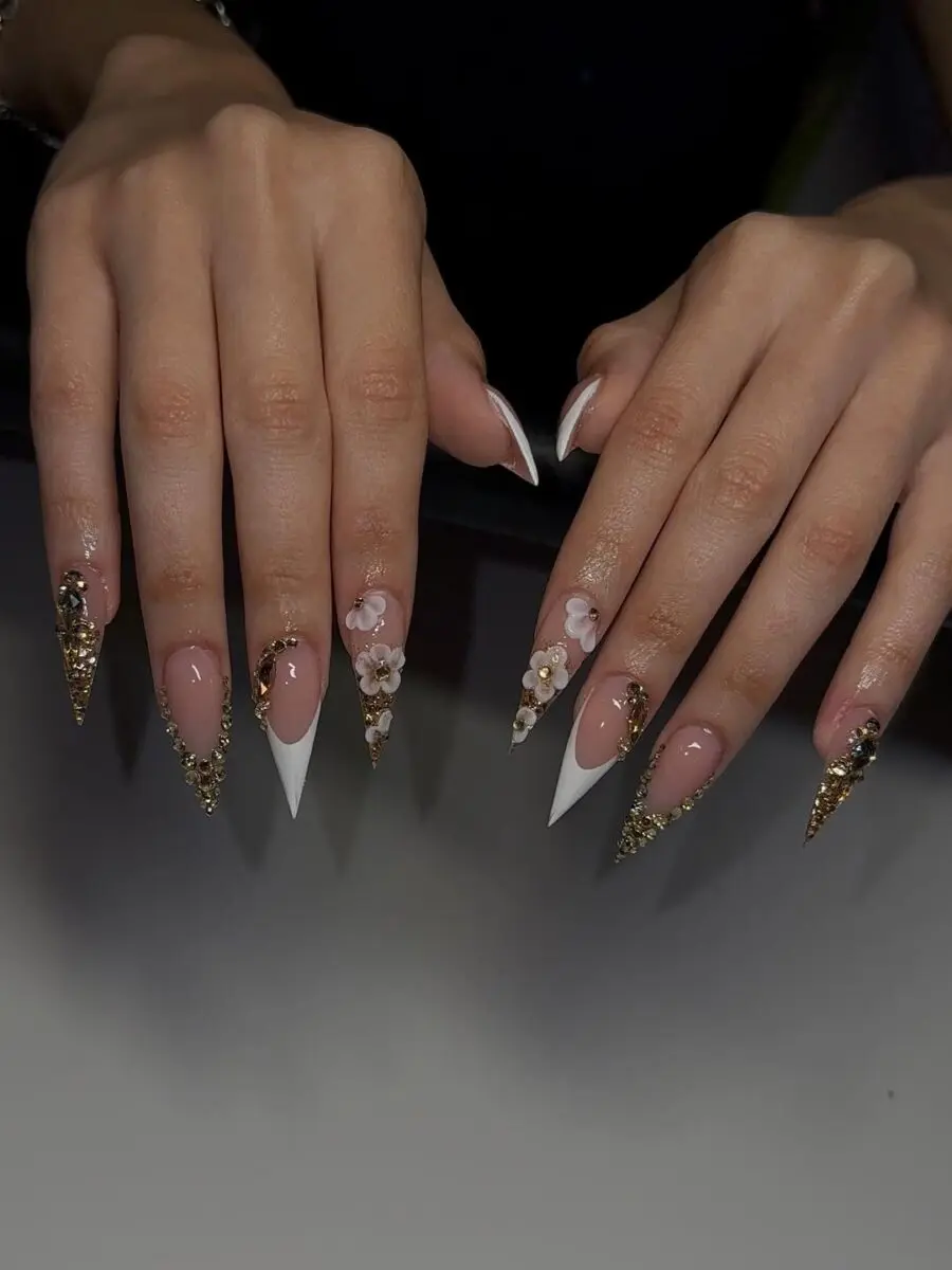 Elegant Floral Prom Nail Design with Sparkle