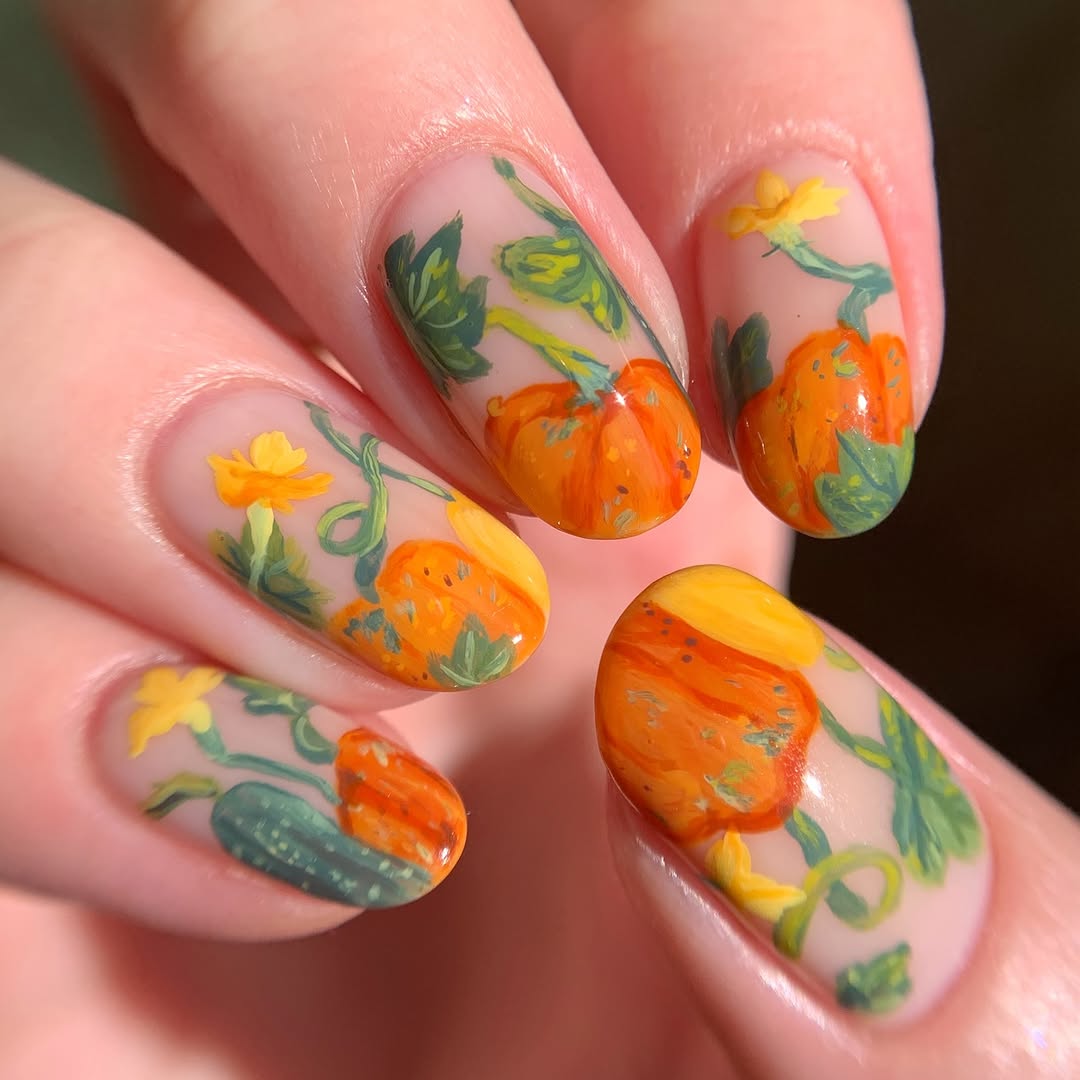 Vibrant Autumn-Themed Pumpkin Nail Art