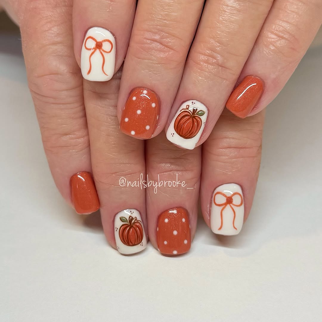 Charming Pumpkin and Ribbon Nail Art