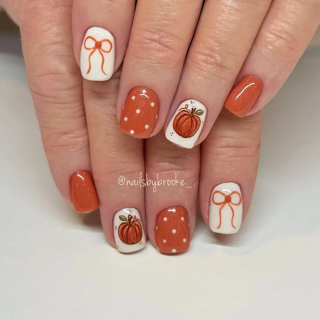 Charming Pumpkin and Ribbon Nail Art