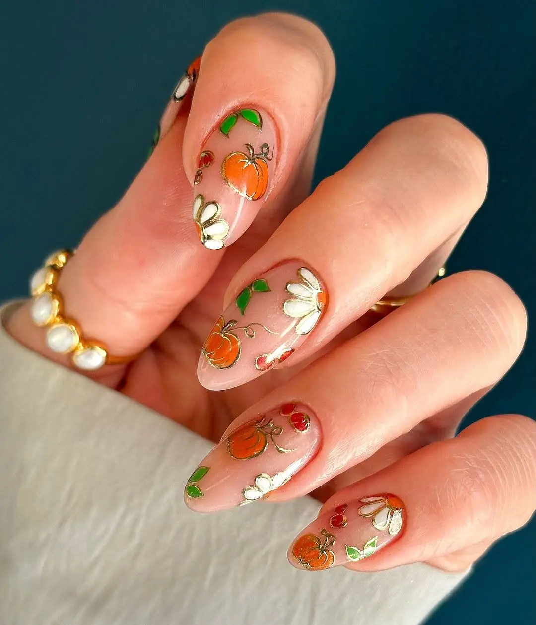 Charming Pumpkin and Floral Autumn Nail Art