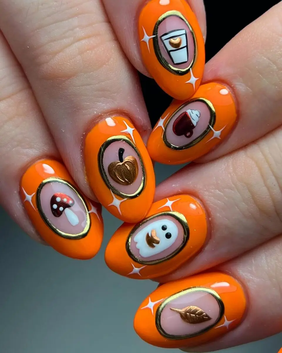 Vibrant Pumpkin-Themed Nail Art for Fall