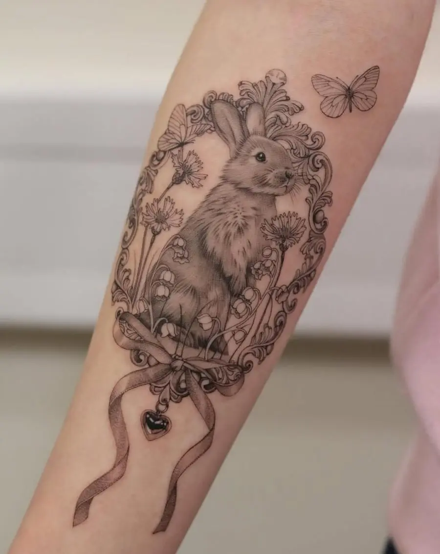 Elegant rabbit tattoo surrounded by floral elements
