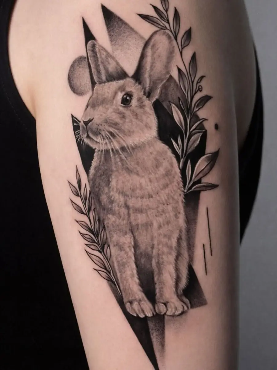 Intricate rabbit tattoo with floral elements