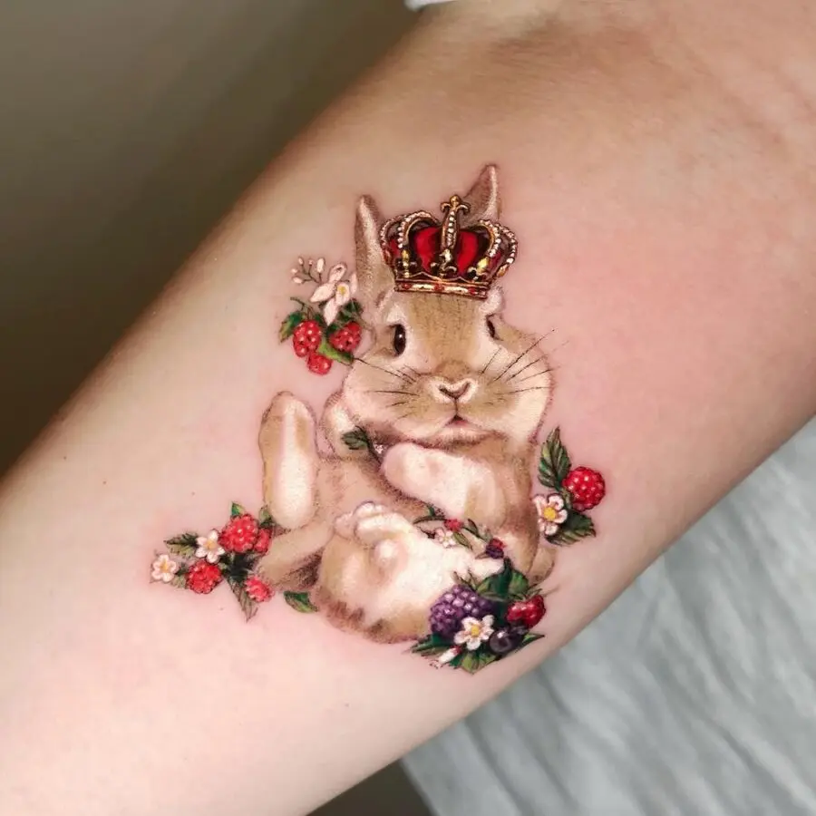 Majestic rabbit tattoo adorned with floral elements