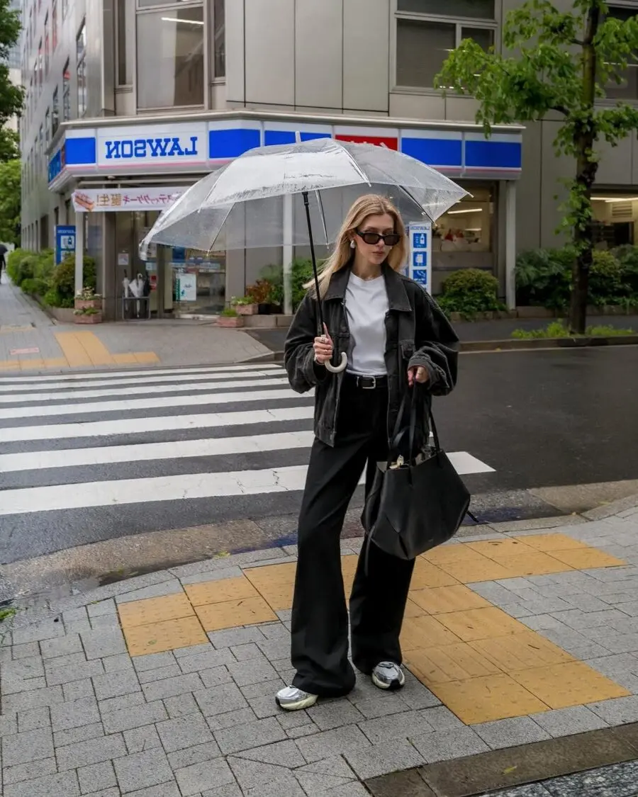 Chic black and white rainy day outfit