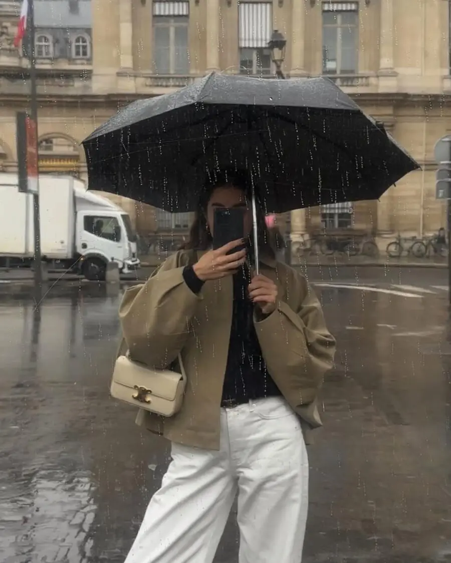 Chic rainy day outfit with stylish umbrella