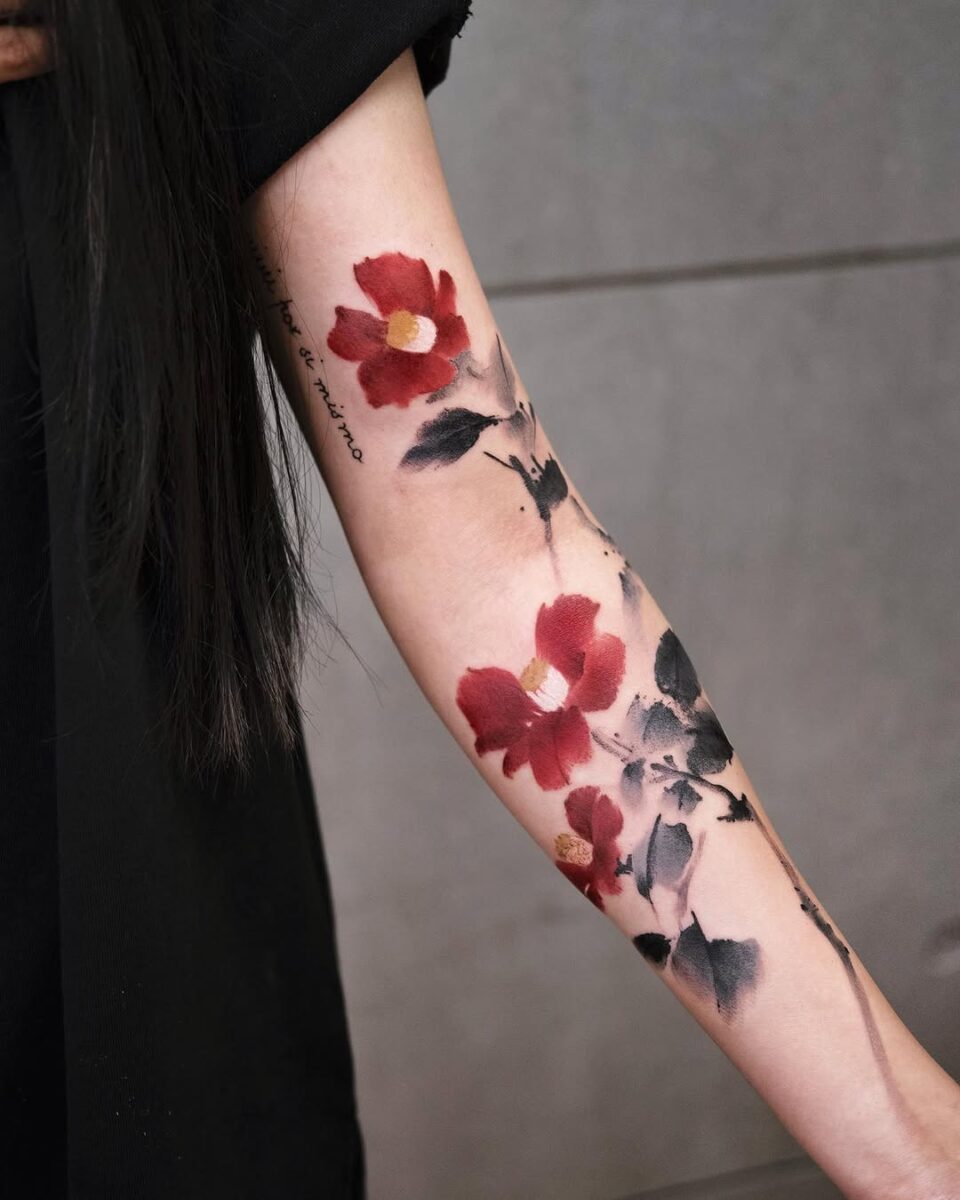 Stunning Red Camellia Arm Tattoo Inspiration