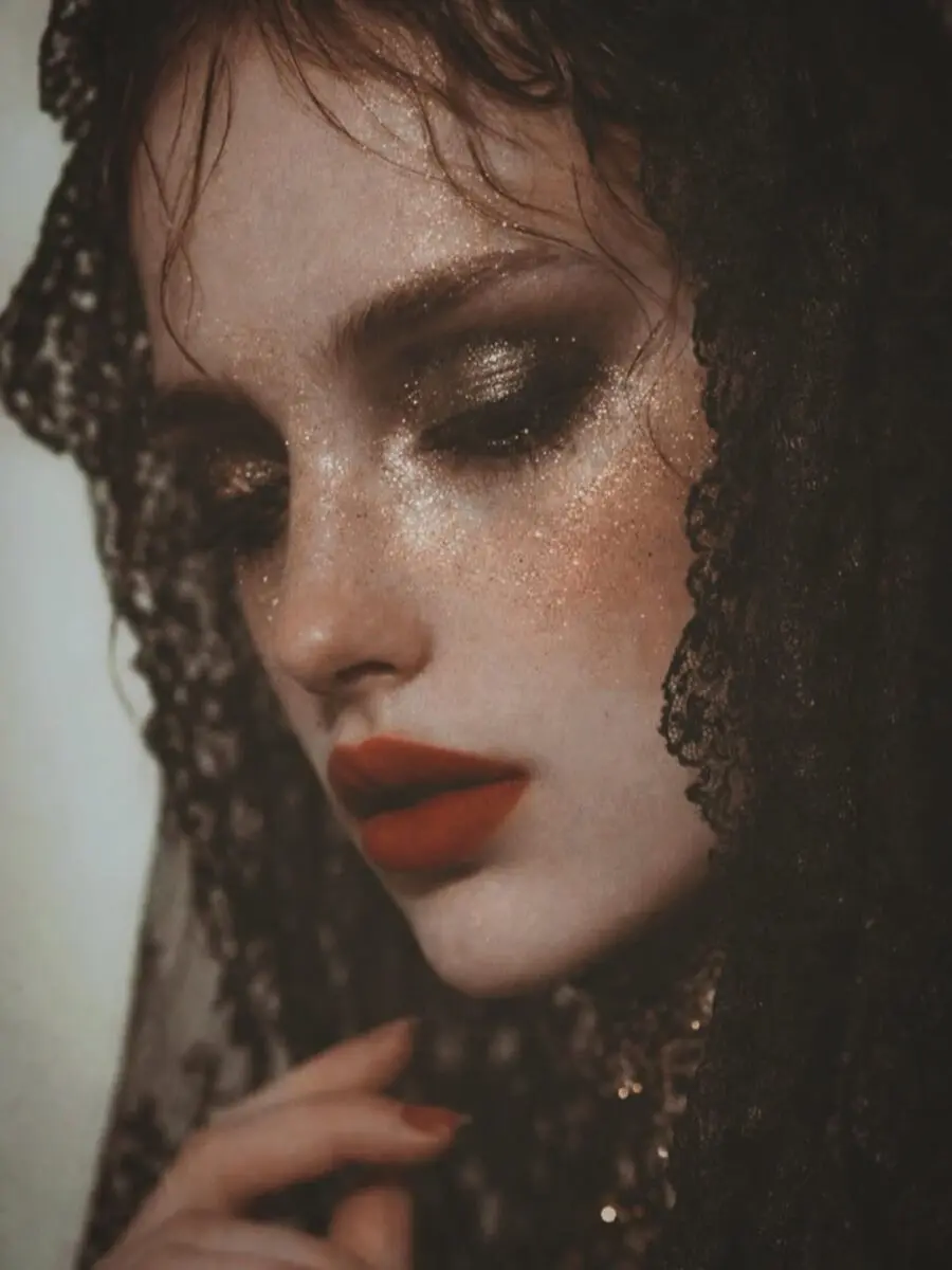 Glamorous red lipstick with a dramatic veil