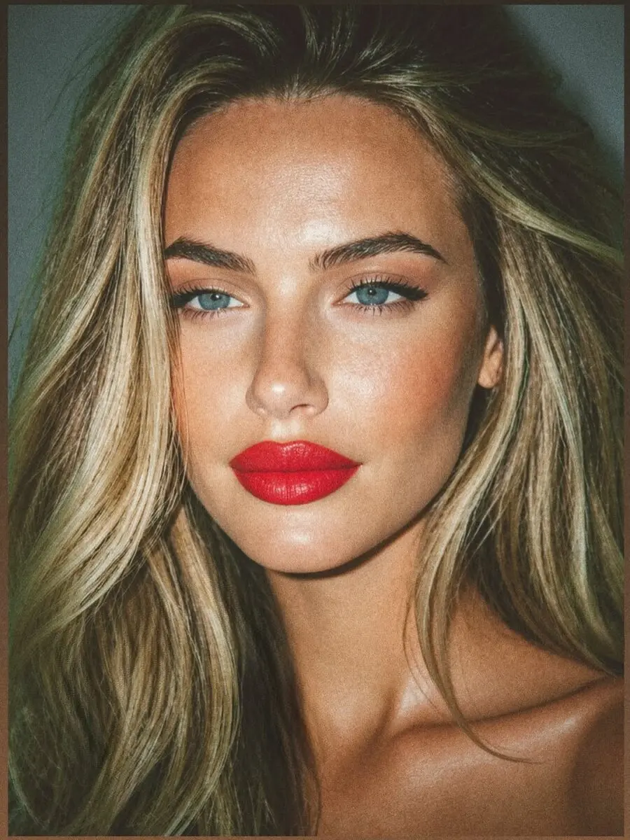 Bold red lipstick with glamorous voluminous waves