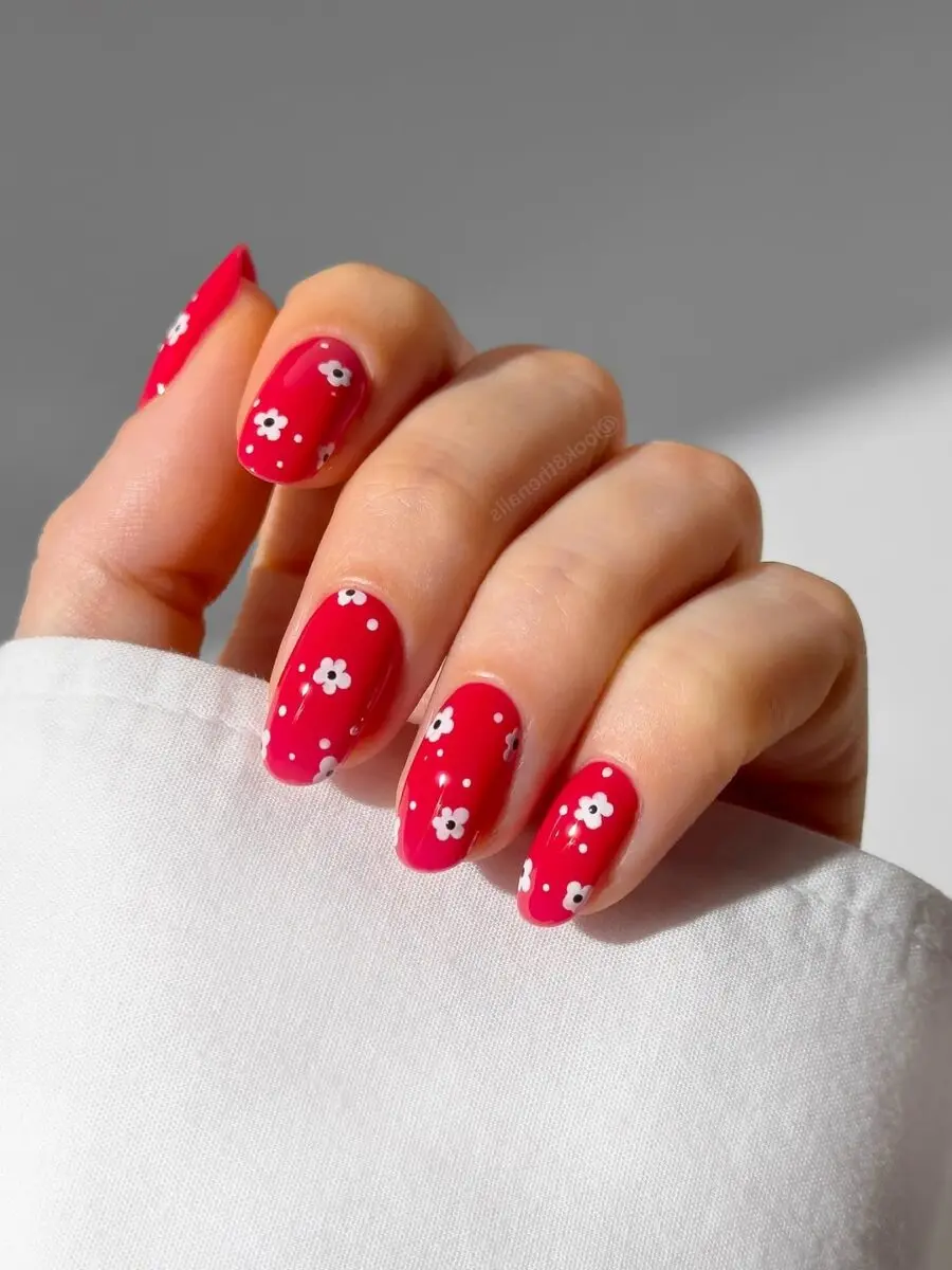 Charming Red Floral Nail Art Design