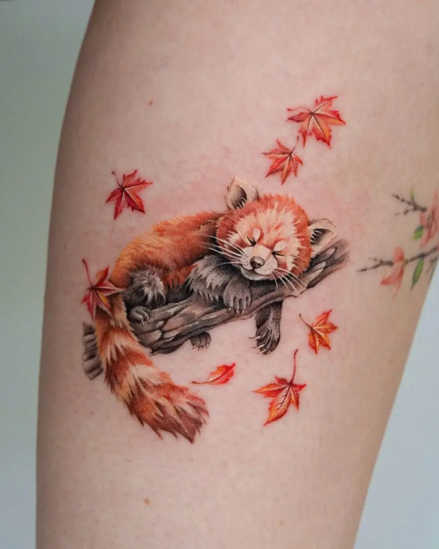 Charming red panda tattoo with autumn elements