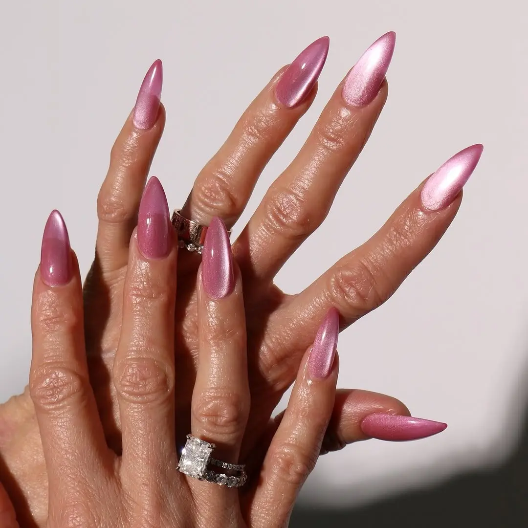 Elegant shimmering pink cat eye nail design
