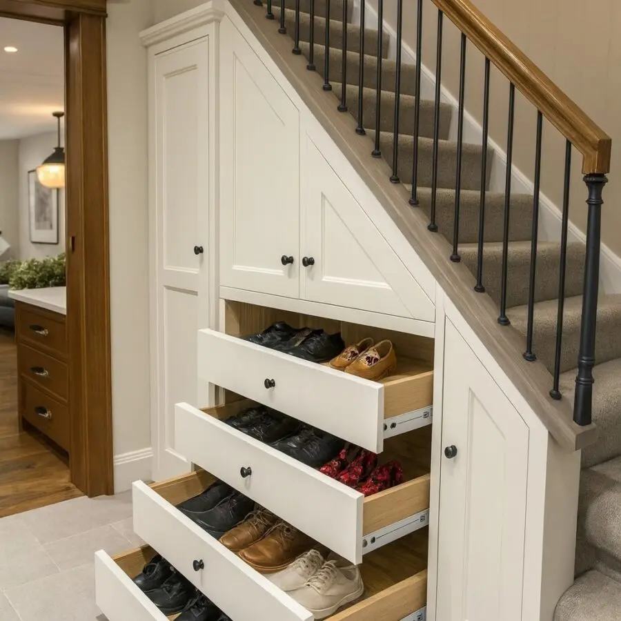 Stylish shoe storage solution beneath the stairs