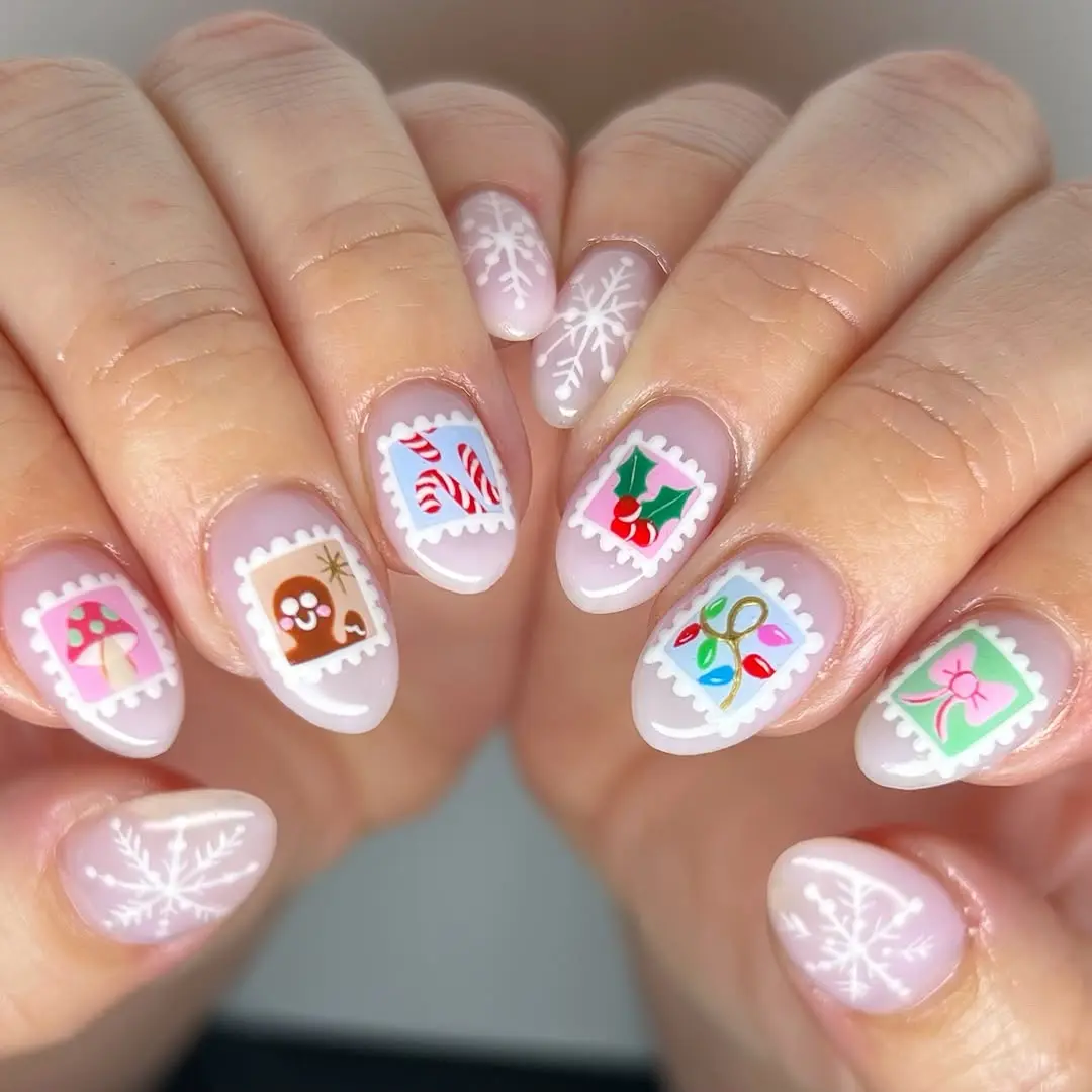 Festive nail art with snowflake and holiday stamps