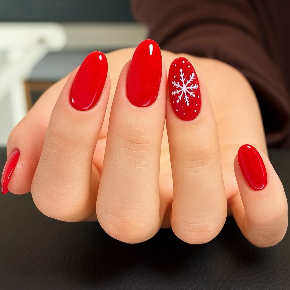 Chic red nails with a snowflake design