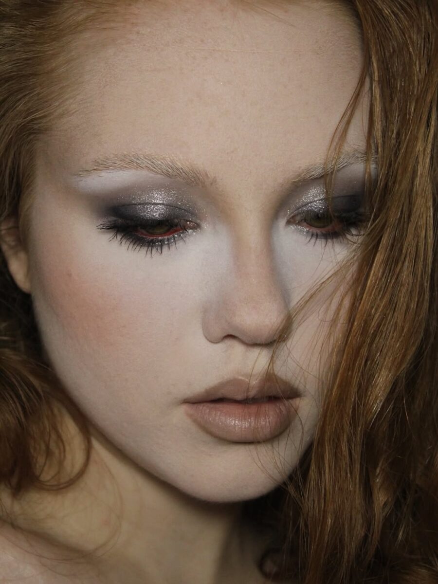 Edgy soft grunge makeup with shimmering details